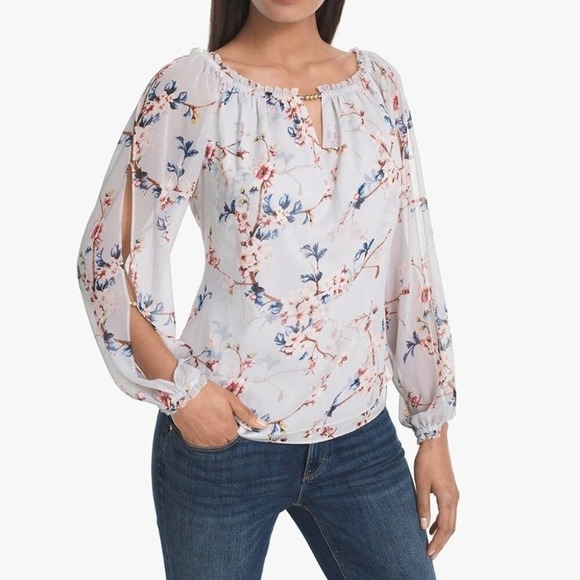 White House Black Market Tops - WHBM FLORAL PRINT BLOUSE Silver Beads Lovely